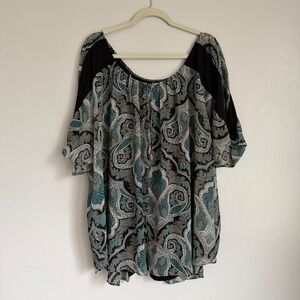 Simply Emma Womens 3X Paisley Layered Blouse Teal Black Short Sleeve Scoop Neck